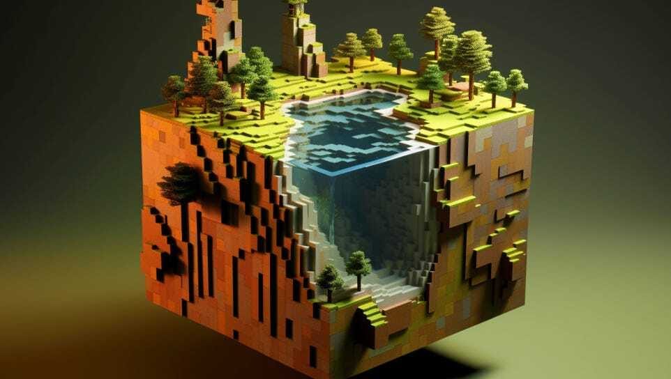 Descubre qué es la inteligencia artificial generativa con Proportione a través de nuestra imagen que ilustra un mundo de Minecraft creándose desde un solo bloque inicial. La obra combina elementos hiperrealistas con la estética icónica de Minecraft.