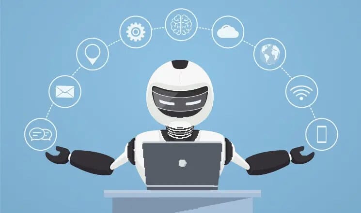 Ilustración de un robot blanco y negro sentado frente a un ordenador portátil. A su alrededor flotan iconos que representan conceptos como el correo electrónico, la nube, internet y la inteligencia artificial, en un fondo azul claro.