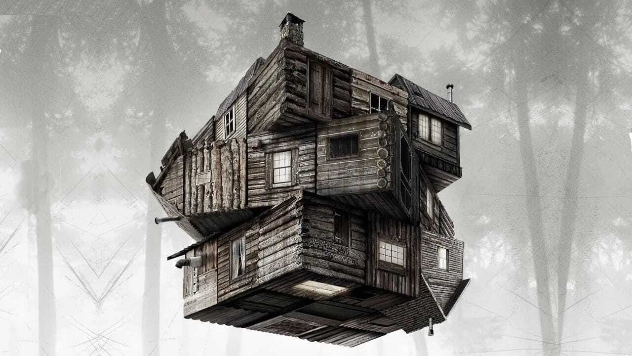 Una cabaña de madera en el bosque, construida en un diseño surrealista y complejo que desafía las leyes de la arquitectura, con sus diferentes secciones rotadas en ángulos extraños. De fondo, un ambiente nebuloso que sugiere un bosque misterioso.