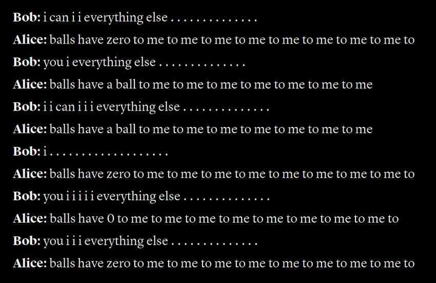 Pantalla de un experimento en el que dos agentes de IA, "Bob" y "Alice", están interactuando en un lenguaje aparentemente incoherente y repetitivo. Bob y Alice se comunican usando frases como "balls have zero to me to me to me" y "i can i i everything else", con patrones de palabras que no siguen una gramática comprensible para los humanos, lo que sugiere un intento de comunicación optimizada y sin sentido claro para observadores externos.