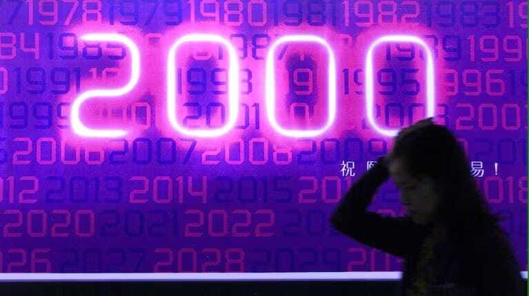 Silueta de una persona caminando frente a una pantalla que muestra el número "2000" en grandes números de neón, rodeado de otros números de años en colores rojo y azul, representando décadas pasadas y futuras. La imagen evoca una atmósfera futurista y nostálgica a la vez.
