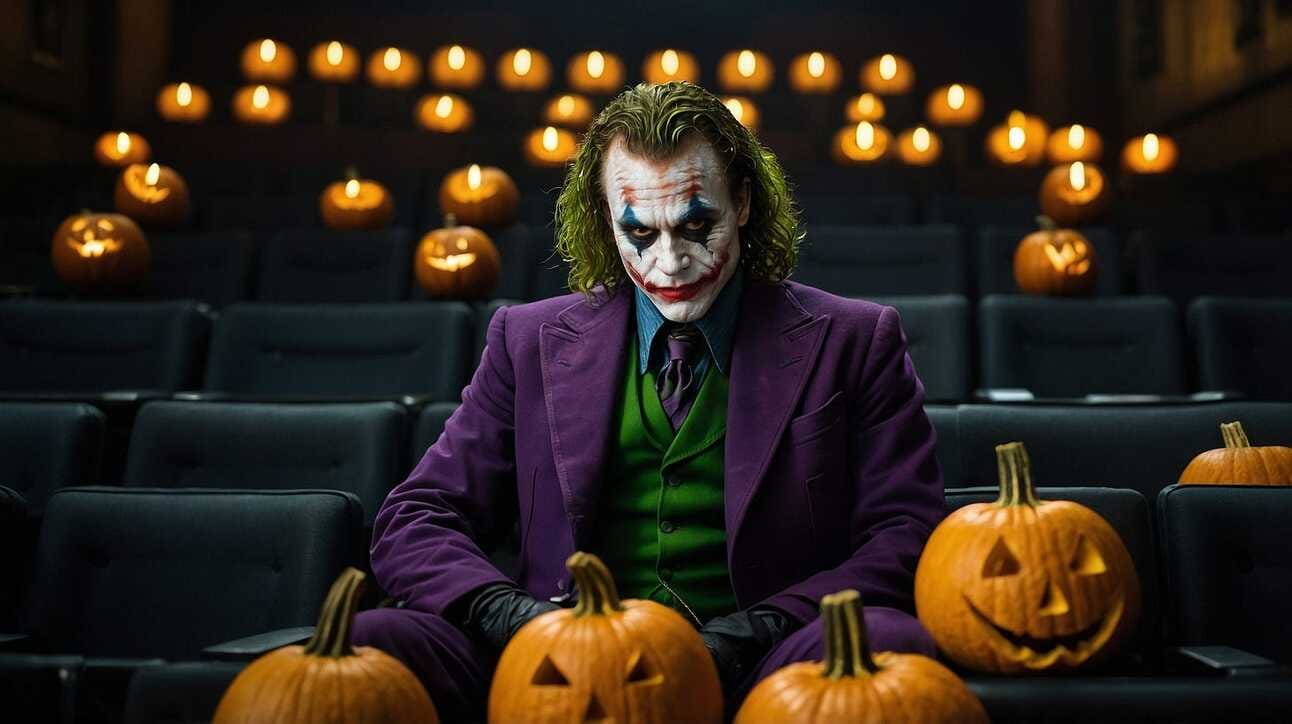 Un personaje maquillado como el Joker, vestido con traje púrpura y chaleco verde, sentado solo en una sala de cine rodeado de calabazas de Halloween iluminadas.
